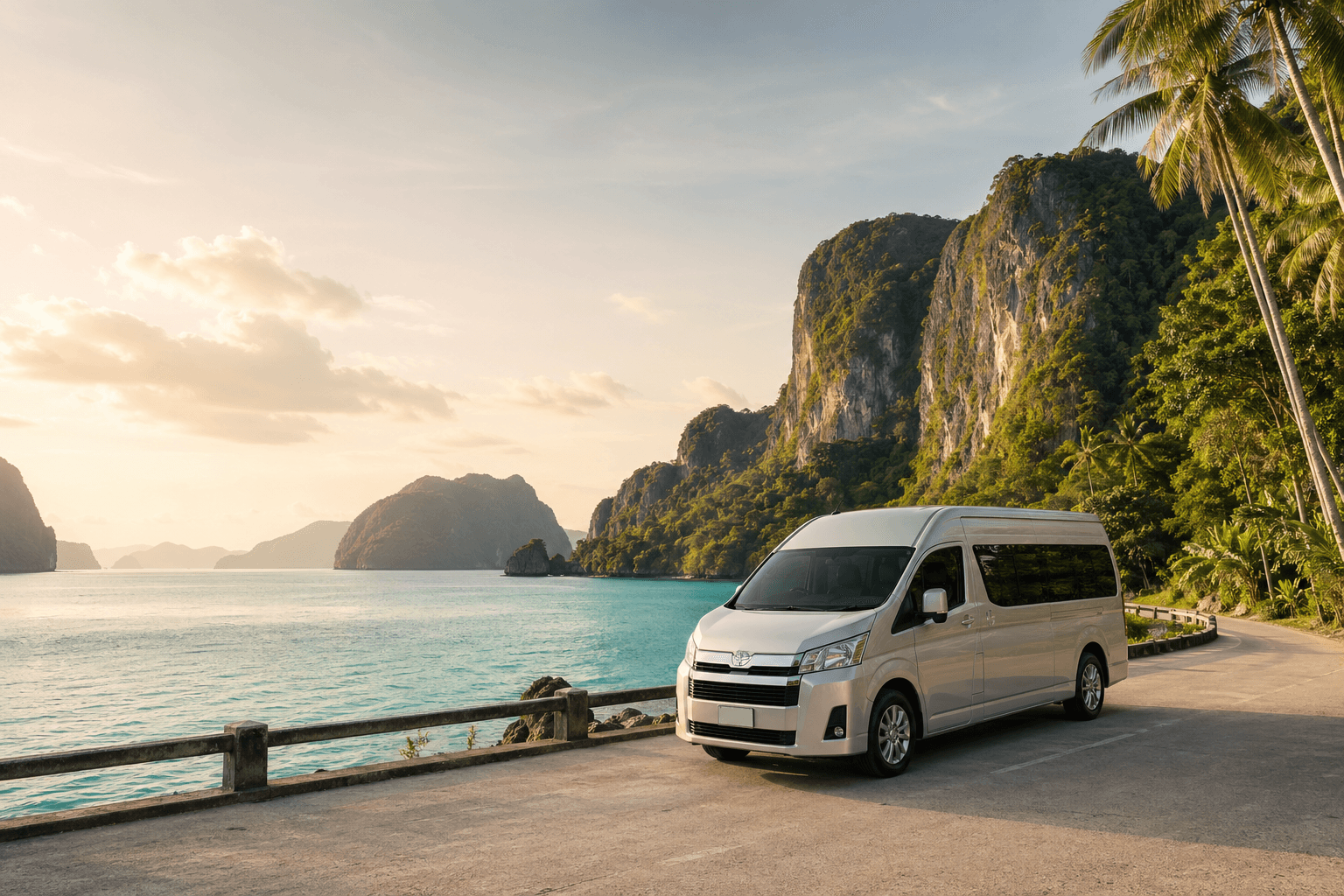 Premium private van beside turquoise water and limestone cliffs