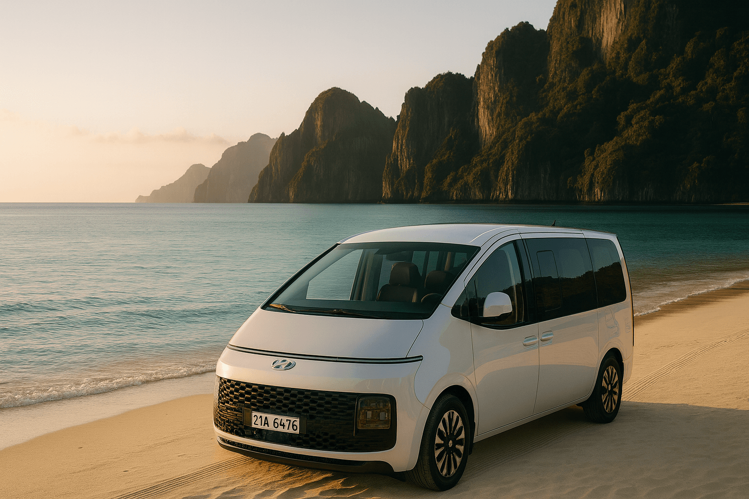 Luxury van with driver Palawan - 2024 Hyundai Staria rental airport transfer book van Puerto Princesa scenic beach landscape